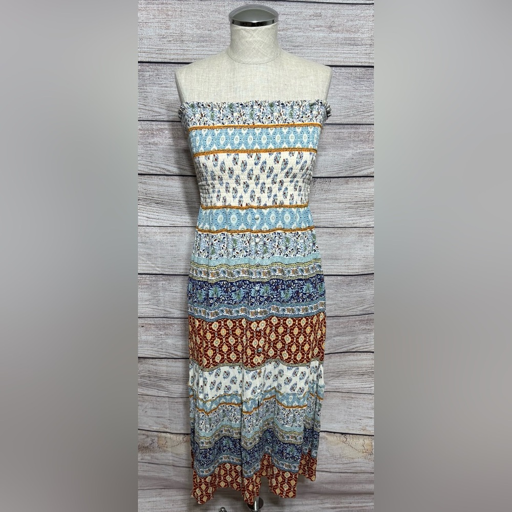 MSK Strapless Patchwork Dress - Blue, Cream, Brown